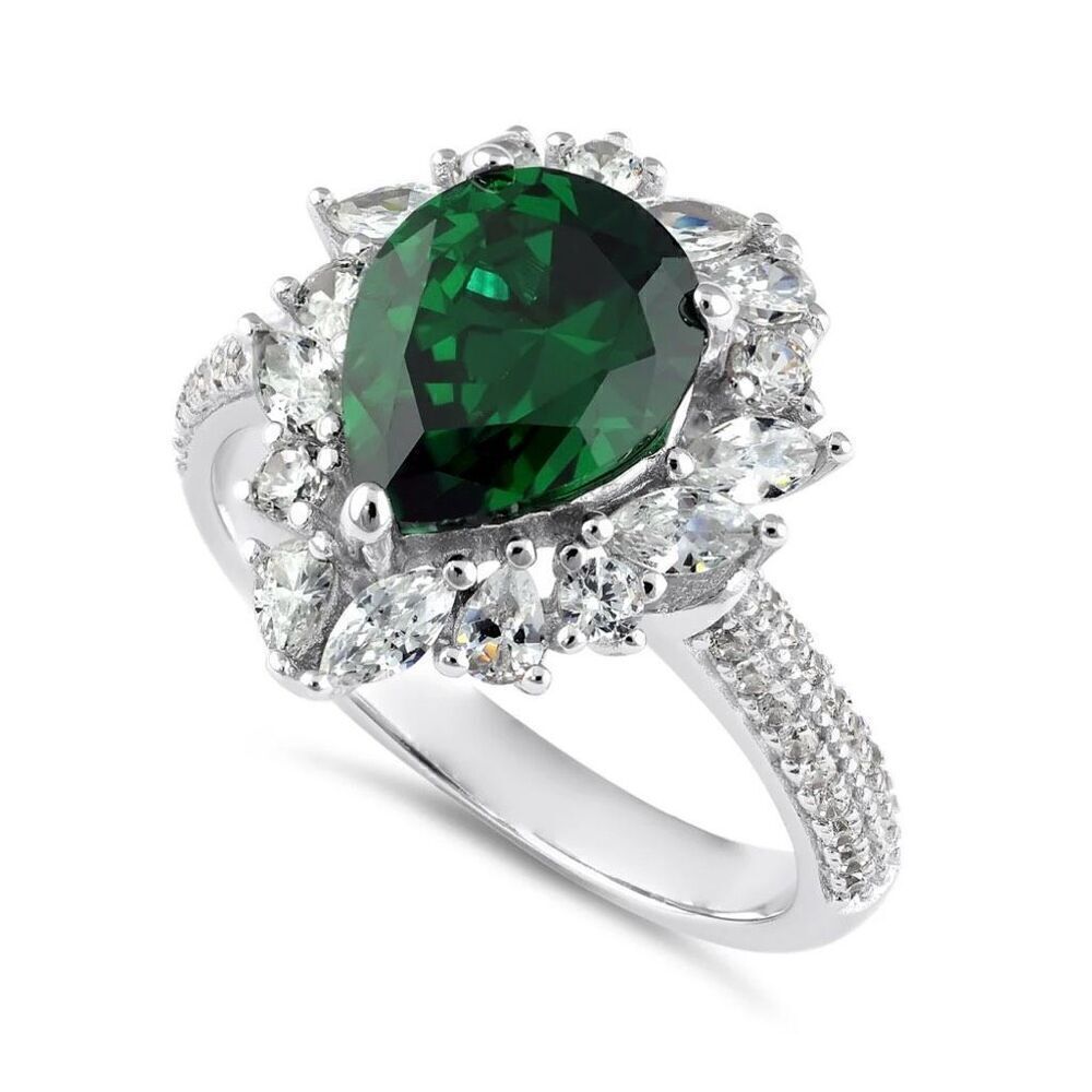 New Sterling Silver Extravagant Pear Cut Emerald Halo Ring New